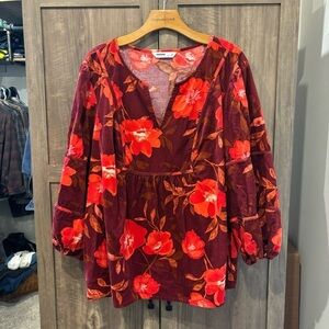 Sonoma Plus Size 3X Floral Notchneck Red Corduroy Peasant Top Babydoll